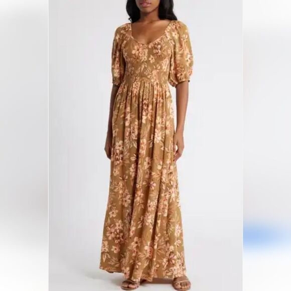 Rip Curl Floral Print Desert Dreams Smocked Poplin Maxi Dress Moss Bronze Size L - Picture 15 of 16